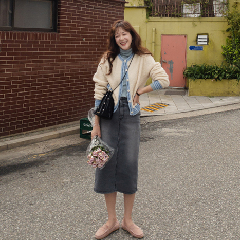 [LABEL][Gray] Preview Spring Fall Gray Banding Denim Skirt [size:S,M,L,XL]