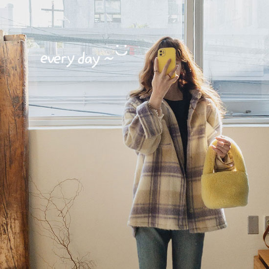 [Special Sale 30% ★Limited Quantity] Caramel Purple Fluffy Wool Check Shirt <FONT color=#d8a4a4>[size: F(55~77)]</font>