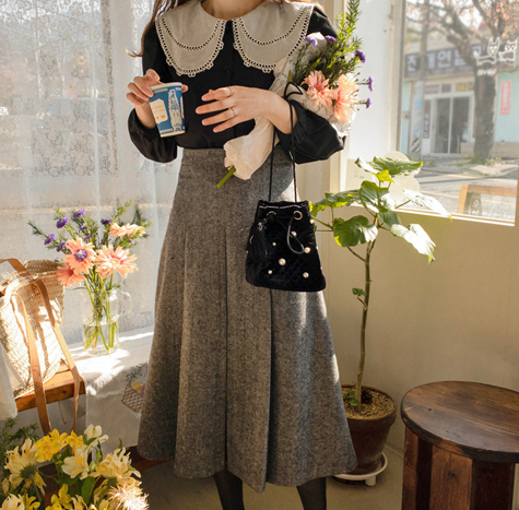 [LABEL] Fontana Herringbone Pleated Wool Skirt <FONT color=#d8a4a4>[size: S(55), M(66), L(77)]</font>