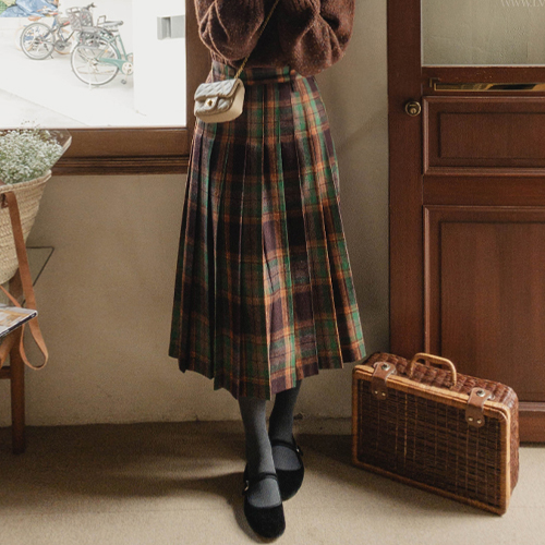 [LABEL] Cantata Check Fleece Banding Pleats Skirt [size: F (55~66)]