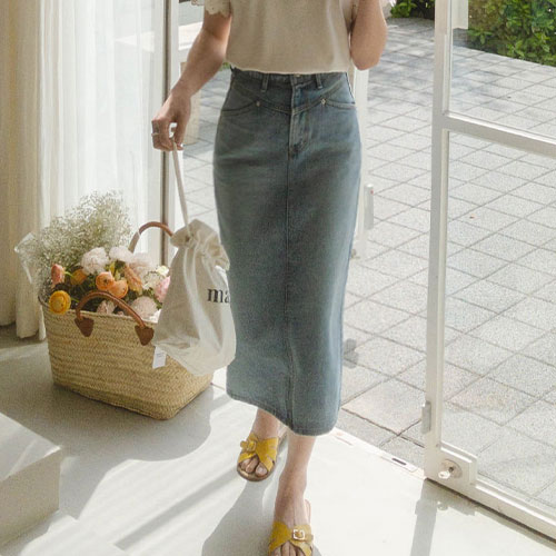 <FONT color=#5a3954>MADE LIN</font> Eco-friendly washing, waist cut, banding denim skirt [size: S, M, L]