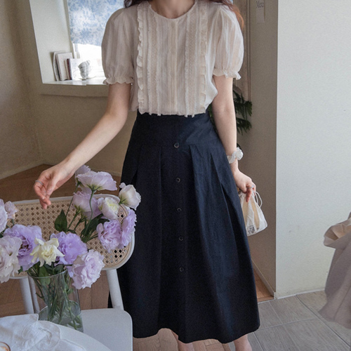 [LABEL] Amor Sleek Wrinkle Ann Button Comfortable Rustic Skirt[size:F,1]