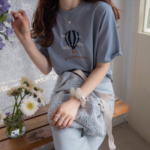 [MADE] Sandia Balloon Embroidery Lettering Stretchy and Firm Tee [size: F(55~66)]
