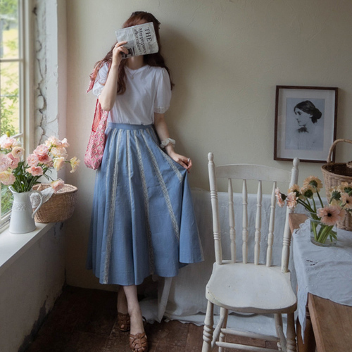 MADE LIN Cindy sugar Race color combination denim skirt <FONT color=#d8a4a4>[size:F(55~66)]</font>