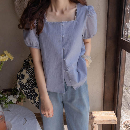 [MADE] Summer Lovely Neckless Stripe And Puff Blouse [size: F (55~66)]