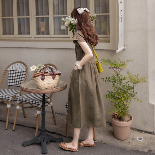 [LABEL] [Khaki Color] Wrap Button Linen One Piece[size:F(55~66)]