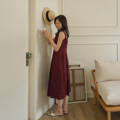 <FONT color=#5a3954>MADE LIN</font> [burgundy] Cool linen button One Piece in the summer season [size: F(55~66)(Long/Short)]