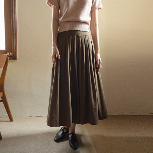 Toffee Nut Smoke Banding Pleats Cotton Skirt [size: F (55-66)]