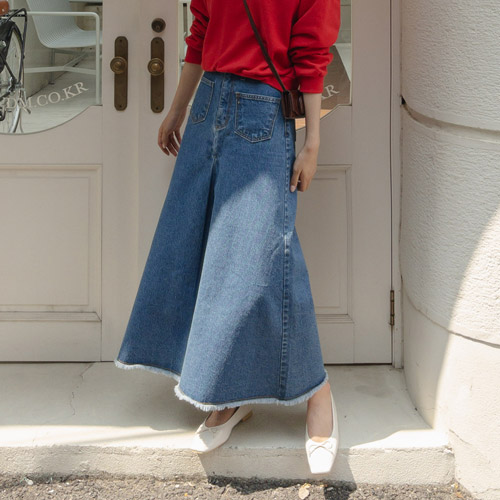 Two Pocket Damage Full Denim Long Skirt[size:S,M,L]