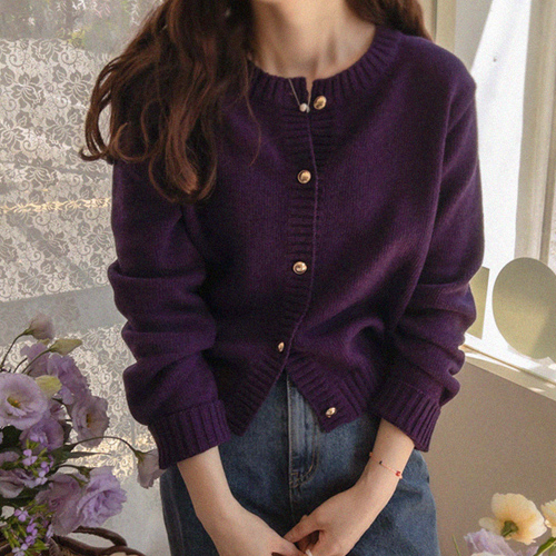 <FONT color=#5a3954>MADE LIN</font> [Purple Color] Andrich Gold Button Natural Fit Chic Wool Cardigan [size: F (55~66)]