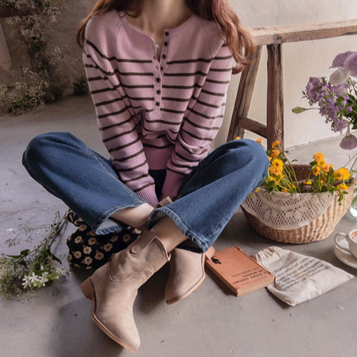 <FONT color=#5a3954>MADE LIN</font> Shumonica & Button Cashmere Stripe Knit [size:F(55~66)]