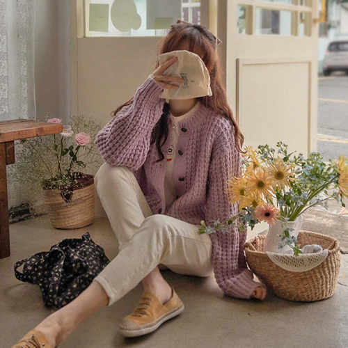 [10,000 won discount! Happy Special Price][Limited quantity] <FONT color=#5a3954>MADE LIN</font> [Lavender Pink] Laneige Waffle Knit Cardigan[size:F(55~77)]