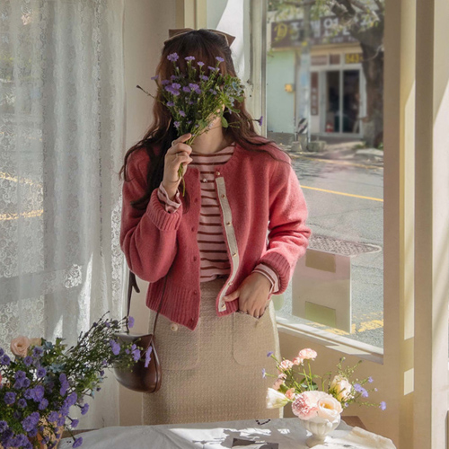 Erica color matching tape heart button fluffy wool cardigan [size: F(55~66)]