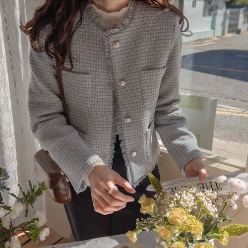 <FONT color=#5a3954>MADE LIN</font> Verdian Pearl Button Surgical Tweed Jacket [size: S (55), M (66)]