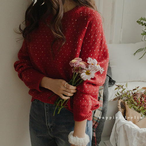 [LABEL] Strawberry Syrup Lovely Jagard Heart Weave Knit [size:F(55~77)]