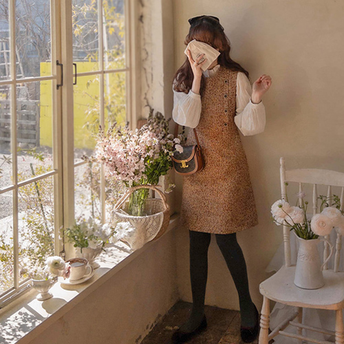 [Special Sale 6,000 Won Discount] <FONT color=#5a3954>MADE LIN</font> Albert Sugar Button Tweed Edge Fit Wool One-Piece [size: S(44), M(55), L(66)]