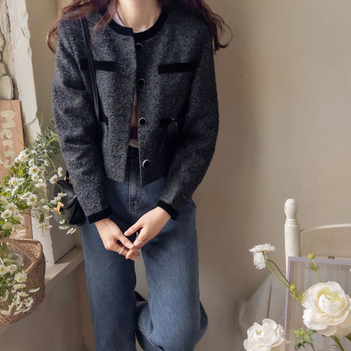 <FONT color=#5a3954>MADE LIN</font> Giuliano Velvet Color Block Tweed Ribbon Brooch Quilted Jacket [size: S (55), M (66)]