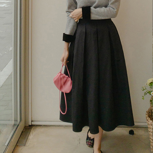 [LABEL][Black]Girl’s Pintuck Aline Long Skirt [size:F(55~66)]