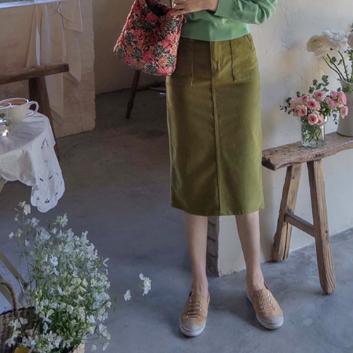 <FONT color=#5a3954>MADE LIN</font> [Olive Green]Cloth Corduroy Hline Skirt[size:S,M,L]