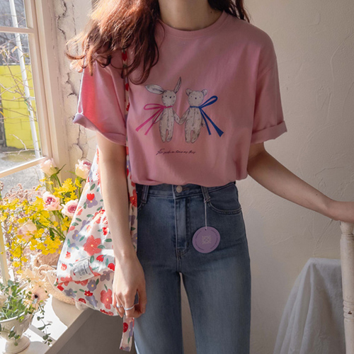 [LABEL] Cute bear print comfortable Tee for spring coordination [size:F,1]
