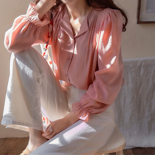 [LABEL] Pretzel Sugar Pin Tuck Ann Collar Sleeve Sharing Blouse[size:F,1]