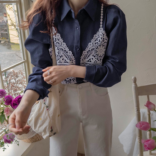 [LABEL] Elmore Race Bustier Chewy Stretch Denim Blouse [size: F(55~66)]