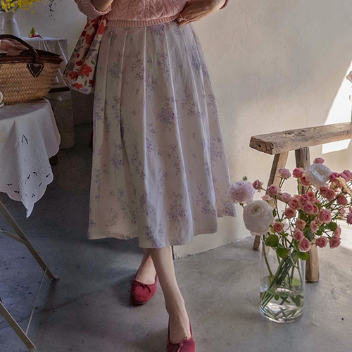 [LABEL] Raichel Flower Sugar Pleated Rustic Edge Fit Skirt[size:F(55~66)]