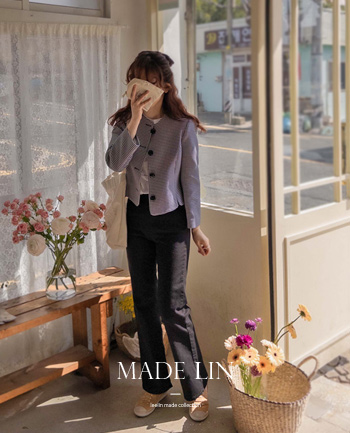 [New product special price 17,000 won Fabric 200 won discount] <FONT color=#5a3954>MADE LIN</font> Maiden Tulip Cut Spring Check Shushu Button Lux Jacket [size: S (55), M (66)]