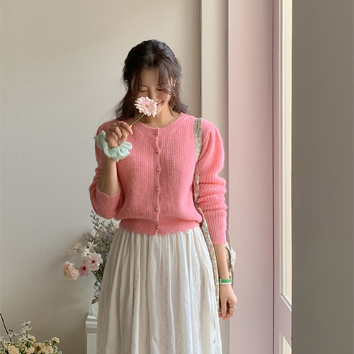 Love There Mohair Pearl Button Shirring Cardigan [size:F(55~66)]