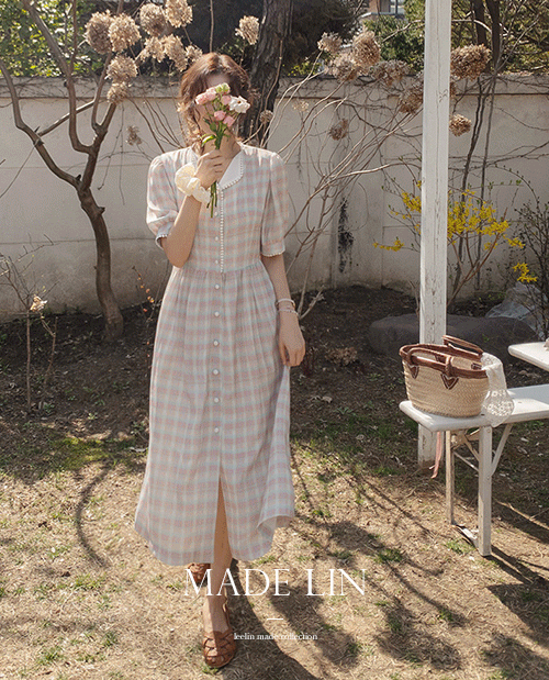 [New product 10,000 won special price] <FONT color=#5a3954>MADE LIN</font> Candy Race Check Chiffon One Piece[size:F(55~66)]