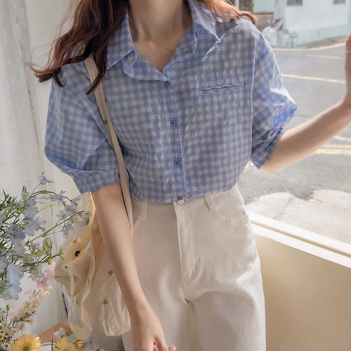 [LABEL] Anna Wrinkle Spring Check Tulip Sleeves Wrinkle-Free Blouse[size:F(55~66)]