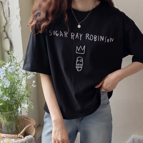 Havening crown and lettering embroidery back slit Tee[size:F(55~66)]