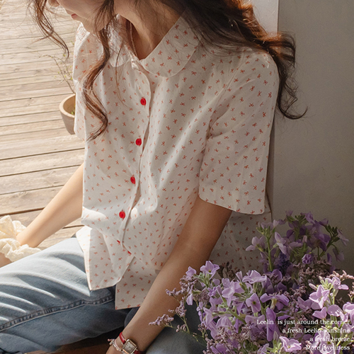 [7,000 won discount on new items] <FONT color=#5a3954>MADE LIN</font> Strawberry bowknot Short-sleeve Blouse [size: F(55~66)]