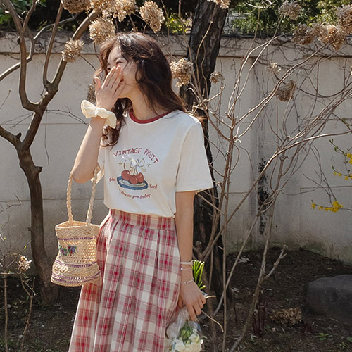 [LABEL] Moring Pretty Cherry Ribbon printing T-shirt[size:F(55~66)]