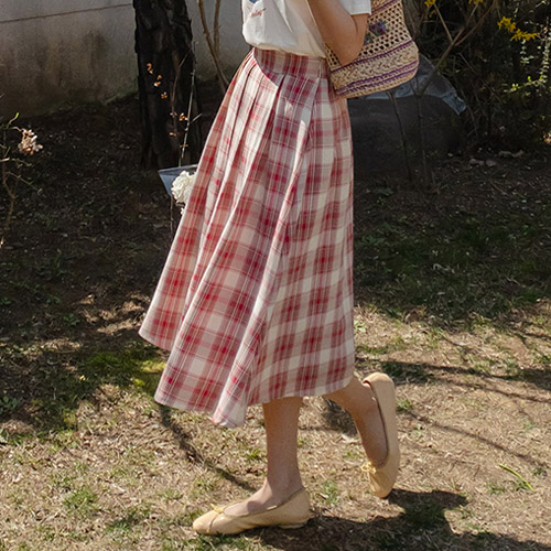 [LABEL] Check mood pin tuck Flare Banding Skirt [size: F (55~66)]
