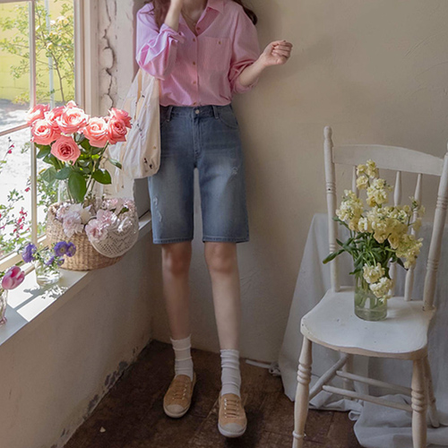 [LABEL] Ann Harwood cute fit half denim back banding summer pants [size: S, M, L]