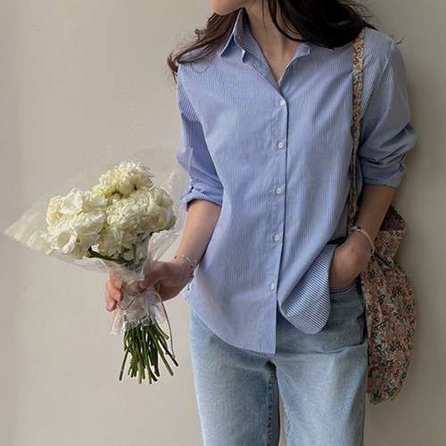 [New product 8,000 won special price] [High-density cotton/solid quality] <FONT color=#5a3954>MADE LIN</font> Blossom Janjan Stripe cotton shirt [size:F]