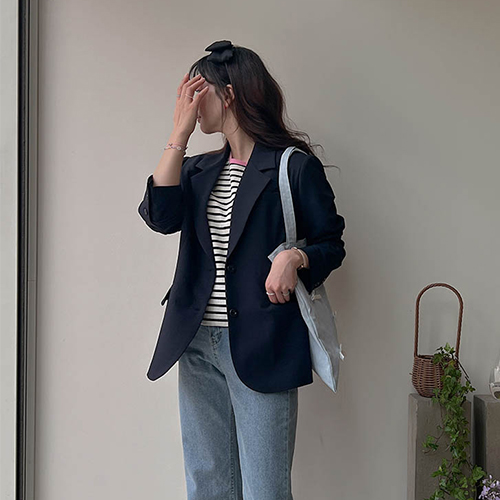 [New product 16,000 won special price] [Deep navy] <FONT color=#5a3954>MADE LIN</font> Tailored collar jacket with natural coverage [size: F (55~66)]