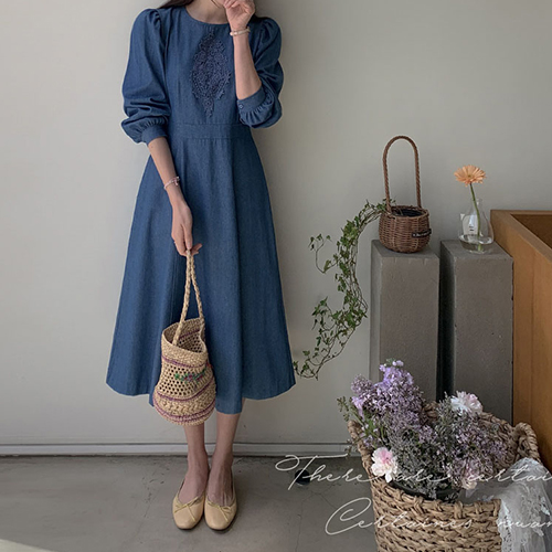 [New product 8,000 won special price] <FONT color=#5a3954>MADE LIN</font> Verso Lovely Fit Race Denim One Piece[size:F(55~66)]