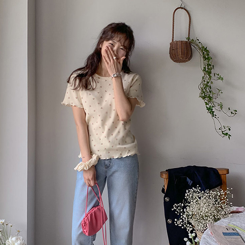 [New product 4,000 won special price] <FONT color=#5a3954>MADE LIN</font> Days girlish comfortable fine flower wave tee [size: F(55~66)]