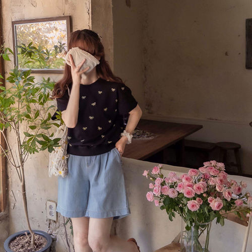 [LABEL] Joy Ribbon Rolled Sleeves Cute Relaxed Fit Tee[size:F(55~66)]