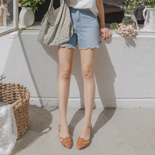 [MADE] Lovely wave embroidery damage washing denim pants [size:S,M,L]