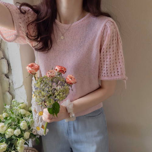 [LABEL] Gemmaskashi sleeve ribbon summer linen slender fit stretch knit [size:F,1]