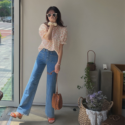 [LABEL] Orange Flower Puff Blouse[size:F(55~66)]