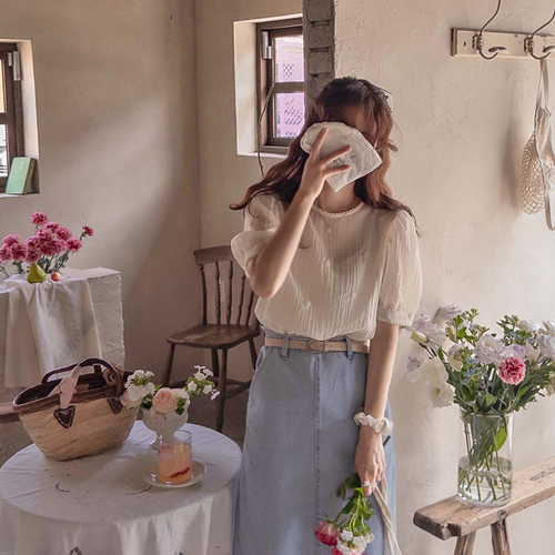 [LABEL] Ann Heidi 3D flower embroidery sky-blue fit Wrinkle Blouse[size:F,1]