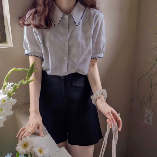 [LABEL] Kinzbel summer check lovely wave embroidery collar Puff Blouse[size:F,1]