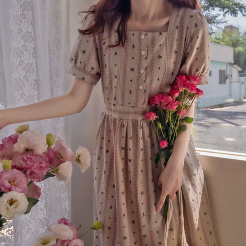 [LABEL] Heights Flower LinenST Edge Waist Band Square Neck Vintage Mood One Piece[size:F]