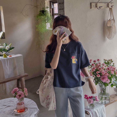 [LABEL] Marnier Flower Pocket Tencel Span Solid Tee [size: F(55~66)]