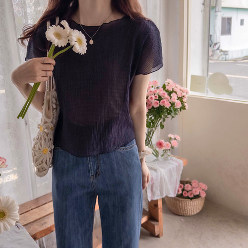 [LABEL] In the middle of summer, lovely seersucker summer sheer sky blue Blouse [size: F(55~66)]