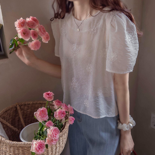 [LABEL] Charlotte Flower Lovely Fluffy Back Ribbon Summer Puff Blouse[size:F(55~66)]
